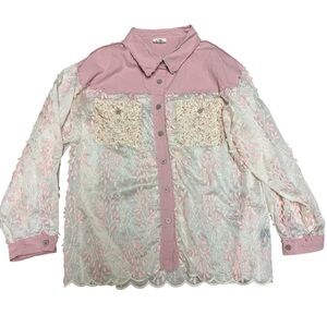 POL Pink Floral Scalloped Button Up Shirt Size L Oversized Boho
